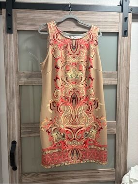 VENUS Beige Mini Dress with Coral and Gold Baroque Print